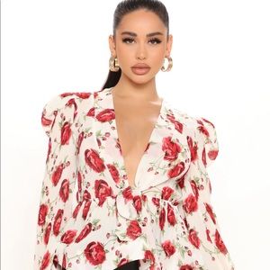 Rose blouse. Romantic blouse. Red and white blouse. Cute shirt.